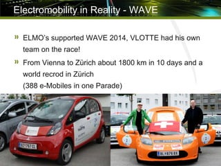 Electromobility in Reality - WAVE
» ELMO’s supported WAVE 2014, VLOTTE had his own
team on the race!
» From Vienna to Züri...