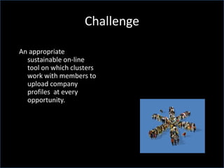Challenge
An appropriate
sustainable on-line
tool on which clusters
work with members to
upload company
profiles at every
opportunity.
 