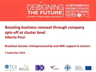 Boosting business renewal through company
spin-off at cluster level
Alberto Pezzi
Breakout Session: Entrepreneurship and SME support in clusters
5 September 2013
 