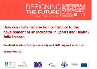 How can cluster interaction contribute to the
development of an incubator in Sports and Health?
Sofia Brorsson
Breakout Session: Entrepreneurship and SME support in clusters
5 September 2013
 