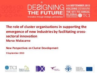 The role of cluster organisations in supporting the
emergence of new industries by facilitating cross-
sectoral innovation
Marco Malacarne
New Perspectives on Cluster Development
5 September 2013
 