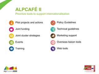 ALPCAFÉ II 
Prioritize tools to support internationalisation 
Pilot projects and actions 
Joint funding 
Joint cluster strategies 
Events 
Training 
Policy Guidelines 
Technical guidelines 
Marketing support 
Overseas liaison tools 
Web tools 
 