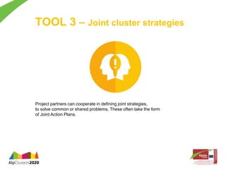 TOOL 3 – Joint cluster strategies 
Project partners can cooperate in defining joint strategies, 
to solve common or shared problems. These often take the form 
of Joint Action Plans. 
 