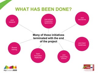 WHAT HAS BEEN DONE? 
Many of these initiatives 
terminated with the end 
of the project 
Joint 
research 
International 
Cooperation 
Agreements 
Joint 
laboratories 
Shared 
training 
Open 
Innovation 
Platforms 
Joint 
supporting 
scheme 
Joint fairs/ 
roadshows 
 