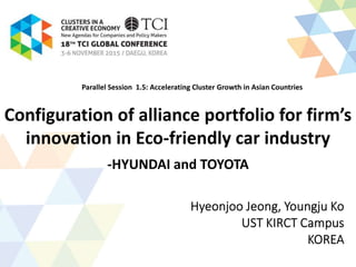 Configuration of alliance portfolio for firm’s
innovation in Eco-friendly car industry
-HYUNDAI and TOYOTA
Parallel Session 1.5: Accelerating Cluster Growth in Asian Countries
 