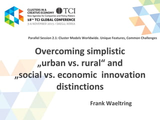 Overcoming simplistic
„urban vs. rural“ and
„social vs. economic innovation
distinctions
Frank Waeltring
Parallel Session 2.1: Cluster Models Worldwide. Unique Features, Common Challenges
 
