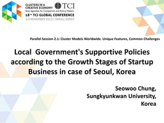 Local Government's Supportive Policies
according to the Growth Stages of Startup
Business in case of Seoul, Korea
Seowoo Chung,
Sungkyunkwan University,
Korea
Parallel Session 2.1: Cluster Models Worldwide. Unique Features, Common Challenges
 