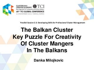 The Balkan Cluster
Key Puzzle For Creativity
Of Cluster Mangers
In The Balkans
Danka Milojkovic
Parallel Session 2.5: Developing Skills for Professional Cluster Management
 