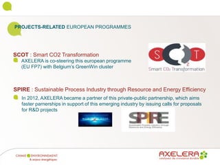PROJECTS-RELATED EUROPEAN PROGRAMMES
AXELERA is co-steering this european programme
(EU FP7) with Belgium’s GreenWin cluster
SCOT : Smart CO2 Transformation
In 2012, AXELERA became a partner of this private-public partnership, which aims
faster parnerships in support of this emerging industry by issuing calls for proposals
for R&D projects
SPIRE : Sustainable Process Industry through Resource and Energy Efficiency
 