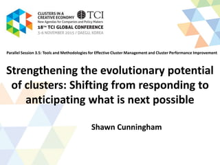 Strengthening the evolutionary potential
of clusters: Shifting from responding to
anticipating what is next possible
Shawn Cunningham
Parallel Session 3.5: Tools and Methodologies for Effective Cluster Management and Cluster Performance Improvement
 