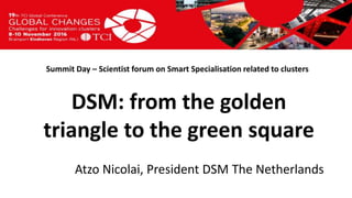 Titel presentatie
[Naam, organisatienaam]
Summit Day – Scientist forum on Smart Specialisation related to clusters
Atzo Nicolai, President DSM The Netherlands
DSM: from the golden
triangle to the green square
 