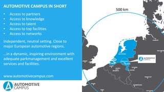 AUTOMOTIVE CAMPUS IN SHORT
• Access to partners
• Access to knowledge
• Access to talent
• Access to top facilities
• Access to networks
Independent, neutral setting. Close to
major European automotive regions.
…in a dynamic, inspiring environment with
adequate parkmanagement and excellent
services and facilities.
500 km
www.automotivecampus.com
 