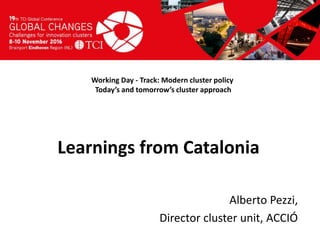 Titel presentatie
[Naam, organisatienaam]
Working Day - Track: Modern cluster policy
Today’s and tomorrow’s cluster approach
Alberto Pezzi,
Director cluster unit, ACCIÓ
Learnings from Catalonia
 