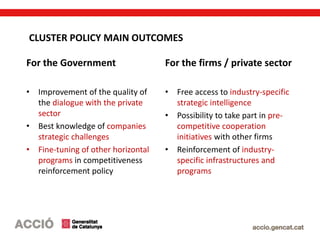 CLUSTER POLICY MAIN OUTCOMES
For the Government
• Improvement of the quality of
the dialogue with the private
sector
• Best knowledge of companies
strategic challenges
• Fine-tuning of other horizontal
programs in competitiveness
reinforcement policy
For the firms / private sector
• Free access to industry-specific
strategic intelligence
• Possibility to take part in pre-
competitive cooperation
initiatives with other firms
• Reinforcement of industry-
specific infrastructures and
programs
 