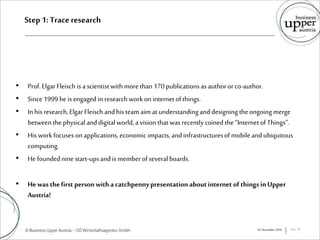 Step 1: Traceresearch
• Prof.ElgarFleisch isascientistwithmorethan170 publicationsasauthororco-author.
• Since1999he isengaged in researchworkon internetofthings.
• In his research,ElgarFleisch andhis team aimatunderstandinganddesigning theongoing merge
between thephysicalanddigital world,avision thatwas recentlycoined the“Internetof Things”.
• His workfocuses onapplications,economic impacts,andinfrastructuresof mobile andubiquitous
computing.
• He foundedninestart-upsandis member ofseveral boards.
• Hewas thefirst person withacatchpennypresentation aboutinternet of things inUpper
Austria!
16. November 2016 Seite 19
 