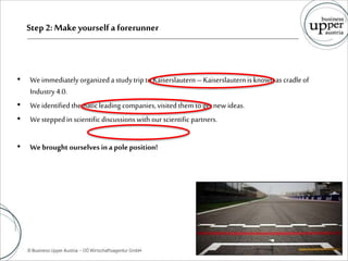 Step 2: Make yourselfa forerunner
• Weimmediatelyorganizedastudytripto Kaiserslautern–Kaiserslauternis knownas cradleof
Industry4.0.
• Weidentifiedthematicleading companies,visited them toget new ideas.
• Westeppedin scientific discussionswith ourscientific partners.
• Webrought ourselves ina poleposition!
16. November 2016 Seite 21
 