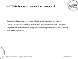 Step 5: Make the progressmeasureableand standardized
• Staytunedtothe companyvoices toimmediatelyget the informationfornew needs.
• Develop a KPIsystemandatoolboxwhich enablescompaniestoimplement a Megatrend.
• Keep themodel shortandsimple – complexityis in dabackground(offera supportsoftware)
• Standardizethe procedure
16. November 2016 Seite 33
 