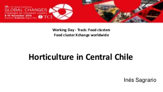 Titel presentatie
[Naam, organisatienaam]
Working Day - Track: Food clusters
Food cluster Xchange worldwide
Inés Sagrario
Horticulture in Central Chile
 