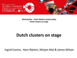 Titel presentatie
[Naam, organisatienaam]
Working Day - Track: Modern cluster policy
Dutch clusters on stage
Ingrid Coninx, Hans Rijnten, Mirjam Mol & James Wilson
Dutch clusters on stage
 