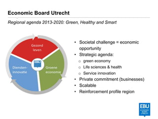 • Societal challenge = economic
opportunity
• Strategic agenda:
o green economy
o Life sciences & health
o Service innovation
• Private commitment (businesses)
• Scalable
• Reinforcement profile region
Economic Board Utrecht
Regional agenda 2013-2020: Green, Healthy and Smart
 