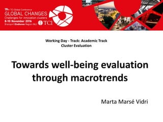 Titel presentatie
[Naam, organisatienaam]
Working Day - Track: Academic Track
Cluster Evaluation
Marta Marsé Vidri
Towards well-being evaluation
through macrotrends
 