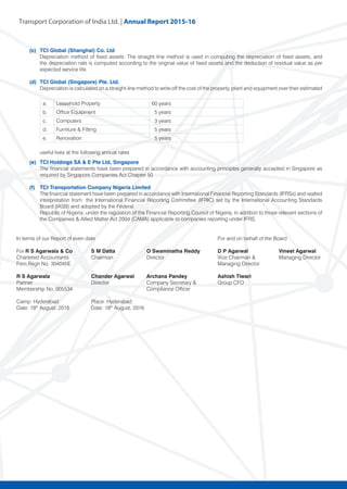 Transport Corporation of India Ltd. | Annual Repor
			
	 (c)	 TCI Global (Shanghai) Co. Ltd
		 Depreciation method of fixed assets: The straight line method is used in computing the depreciation of fixed assets, and
the depreciation rate is computed according to the original value of fixed assets and the deduction of residual value as per
expected service life.
	 (d)	 TCI Global (Singapore) Pte. Ltd.
		 Depreciation is calculated on a straight-line method to write off the cost of the property, plant and equipment over their estimated
useful lives at the following annual rates
	 (e)	 TCI Holdings SA & E Pte Ltd, Singapore
		 The financial statements have been prepared in accordance with accounting principles generally accepted in Singapore as
required by Singapore Companies Act Chapter 50
	 (f)	 TCI Transportation Company Nigeria Limited
		 The financial statement have been prepared in accordance with International Financial Reporting Standards (IFRSs) and realted
interpretation from the International Financial Reporting Committee (IFRIC) set by the International Accounting Standards
Board (IASB) and adopted by the Federal
		 Republic of Nigeria, under the regulation of the Financial Reporting Council of Nigeria, in addition to those relevant sections of
the Companies & Allied Matter Act 2004 (CAMA) applicable to companies reporting under IFRS.			
a. Leasehold Property 60 years
b. Office Equipment 5 years
c. Computers 3 years
d. Furniture & Fitting 5 years
e. Renovation 5 years
In terms of our Report of even date 		 For and on behalf of the Board
For R S Agarwala & Co	 S M Datta	 O Swaminatha Reddy	 D P Agarwal	 Vineet Agarwal
Chartered Accountants	 Chairman	 Director	 Vice Chairman &	 Managing Director
Firm Regn No. 304045E			 Managing Director	
R S Agarwala	 Chander Agarwal	 Archana Pandey	 Ashish Tiwari
Partner	 Director	 Company Secretary &	 Group CFO
Membership No. 005534		 Compliance Officer
Camp: Hyderabad	 Place: Hyderabad
Date: 18th
August, 2016	 Date: 18th
August, 2016
 