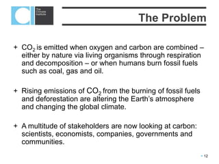  12
CO2 is emitted when oxygen and carbon are combined –either by nature via
living organisms through respiration and decomposition – or when humans
burn fossil fuels such as coal, gas and oil.
Rising emissions of CO2 from the burning of fossil fuels and deforestation are
altering the Earth’s atmosphere and changing the global climate.
Atmospheric CO2 levels are already 40 per cent higher than before the
Industrial Revolution.
If carbon emissions continue to rise, the average global temperature will
increase at a speed not seen since the end of the last Ice Age.
The Problem
 