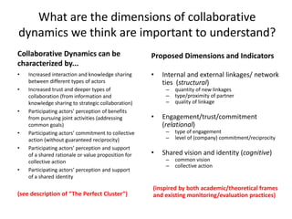• Internal and external linkages/ network
ties (structural)
– quantity of new linkages
– type/proximity of partner
– quality of linkage
• Engagement/trust/commitment
(relational)
– type of engagement
– level of (company) commitment/reciprocity
• Shared vision and identity (cognitive)
– common vision
– collective action
(inspired by both academic/theoretical frames
and existing monitoring/evaluation practices)
What are the dimensions of collaborative
dynamics we think are important to understand?
Collaborative Dynamics can be
characterized by...
• Increased interaction and knowledge sharing
between different types of actors
• Increased trust and deeper types of
collaboration (from information and
knowledge sharing to strategic collaboration)
• Participating actors’ perception of benefits
from pursuing joint activities (addressing
common goals)
• Participating actors’ commitment to collective
action (without guaranteed reciprocity)
• Participating actors’ perception and support
of a shared rationale or value proposition for
collective action
• Participating actors’ perception and support
of a shared identity
(see description of ”The Perfect Cluster”)
Proposed Dimensions and Indicators
 