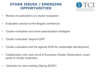 OTHER ISSUES / EMERGING
OPPORTUNITIES
• Review of publications on cluster evaluation
• Evaluation session at the Bogota conference
• Cluster evaluation and smart specialization strategies
• Cluster evaluation ‘beyond GDP’
• Cluster evaluation and the agenda 2030 for sustainable development
• Collaboration with next round of European Cluster Observatory: smart
guide to cluster evaluation
• Volunteer for next meeting (Spring 2018?)
 