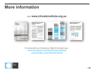  20
More information
Visit www.climateinstitute.org.au
Or connect with us on Facebook or Twitter for the latest news…
www.facebook.com/theclimateinstitute
www.twitter.com/climateinstitut
 