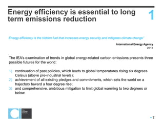  7
Energy efficiency is the hidden fuel that increases energy security and mitigates climate change”
International Energy Agency
2012
.
1
The IEA‟s examination of trends in global energy-related carbon emissions presents three
possible futures for the world:
1) continuation of past policies, which leads to global temperatures rising six degrees
Celsius (above pre-industrial levels);
2) achievement of all existing pledges and commitments, which sets the world on a
trajectory toward a four degree rise;
3) and comprehensive, ambitious mitigation to limit global warming to two degrees or
below.
Energy efficiency is essential to long
term emissions reduction
 
