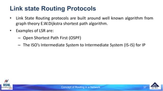 Concept of Routing in a Network 37
Link state Routing Protocols
• Link State Routing protocols are built around well known algorithm from
graph theory E.W.Dijkstra shortest path algorithm.
• Examples of LSR are:
– Open Shortest Path First (OSPF)
– The ISO’s Intermediate System to Intermediate System (IS-IS) for IP
 