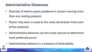 Concept of Routing in a Network 42
Administrative Distances
• Diversity of metrics poses problems in routers running more
than one routing protocol.
• Router may learn a route to the same destination from each
of the protocols
• Administrative distances are the route sources to determine
most preferred source
• Administrative distance is a measure of believability
 
