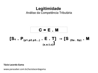 Legitimidade
Análise da Competência Tributária
C = E . M
[Sc . P(p1.p2.p3...) . E . T] [S→ (Sa . Sp) . M
(s.e.t.c)]
Tácio Lacerda Gama
www.parasaber.com.br/taciolacerdagama
 