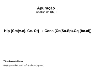 Apuração
Análise da RMIT
Hip [Cm(v.c). Ce. Ct] → Cons [Cs(Sa.Sp).Cq (bc.al)]
Tácio Lacerda Gama
www.parasaber.com.br/taciolacerdagama
 