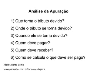Análise da Apuração
1) Que torna o tributo devido?
2) Onde o tributo se torna devido?
3) Quando ele se torna devido?
4) Quem deve pagar?
5) Quem deve receber?
6) Como se calcula o que deve ser pago?
Tácio Lacerda Gama
www.parasaber.com.br/taciolacerdagama
 