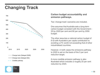 Changing Track
700
                                                          Carbon budget accountability and
                                                          emission pathways.
600
                                                          Two ‘change track’ scenarios are included.
500
                                                          One assumes that Australia sets a long-term
400                                                       carbon budget consistent with the Government -
                                                          25 by 2020 per cent and 80 per cent by 2050
300                                                       budget.

200                                                       The other assumes a national carbon budget of
                                                          8 Gt with Australia’s per capita contribution to
100                                                       avoiding a 2oC world not exceeding that of other
                                                          industrialised countries.
  0
      2010         2015         2020        2025   2030   However, in both cases the emissions pathway
                                                          to 2020 is set on the basis of the 5 per cent
             Change track (Delayed 25/80)                 reduction target.
             Change track (Delayed 8Gt)
                                                          A more credible emission pathway is also
             Credible pathway
                                                          illustrated which includes a roughly 25 per cent
                                                          reduction by 2020.



                                                                                                              11
 