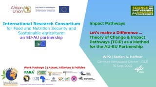 International Research Consortium
for Food and Nutrition Security and
Sustainable agriculture:
an EU-AU partnership
Supported under the EU Horizon 2020 Instrument
15 Sep. 2022
Impact Pathways
Let’s make a Difference …
Theory of Change & Impact
Pathways (TCIP) as a Method
for the AU-EU Partnership
WP2 | Stefan A. Haffner
German Aerospace Center - DLR
Work Package 2 | Actors, Alliances & Policies
 