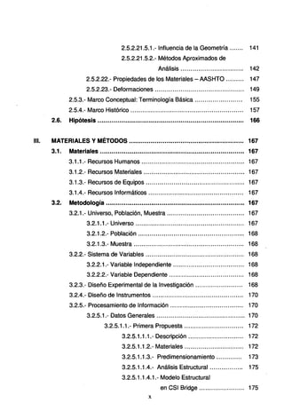 2.5.2.21.5.1.- Influencia de la Geometría ....... 141
2.5.2.21.5.2.- Métodos Aproximados de
Análisis ................................ 142
2.5.2.22.- Propiedades de los Materiales -AASHTO ...... ... 147
2.5.2.23.- Deformaciones............................................. 149
2.5.3.- Marco Conceptual: Terminología Básica........................ 155
2.5.4.- Marco Histórico ... ...... ......... ..................... .................. 157
2.6. Hipótesis .......................................................................... 166
111. MATERIALES Y MÉTODOS .......................................................... 167
3.1. Materiales ......................................................................... 167
3.1.1.- Recursos Humanos ............................................. ....... 167
3.1.2.- Recursos Materiales ....•.............................................. 167
3.1.3.- Recursos de Equipos ............ ............ .. ........................ 167
3.1.4.- Recursos Informáticos................................................ 167
3.2. Metodología ...................................................................... 167
3.2.1.- Universo, Población, Muestra .......... .. ...................... ..... 167
3.2.1.1.- Universo ............ ... ... ... ... ... ... ... ... ... ... ... ... ... .... 167
3.2.1.2.- Población ...................................................... 168
3.2.1.3.- Muestra ................................. ....................... 168
3.2.2.- Sistema de Variables .................................................. 168
3.2.2.1.- Variable Independiente .................................... 168
3.2.2.2.- Variable Dependiente ...................................... 168
3.2.3.- Diseño Experimental de la Investigación ........................ 168
3.2.4.- Diseño de Instrumentos .............................................. 170
3.2.5.- Procesamiento de Información .................. ................... 170
3.2.5.1.- Datos Generales ............................................. 170
3.2.5.1.1.- Primera Propuesta ............ .................. 172
3.2.5.1.1.1.- Descripción ... ... ...... .. .... .... .. .... 172
3.2.5.1.1.2.- Materiales .............................. 172
3.2.5.1.1.3.- Predimensionamiento ...... ....... 173
3.2.5.1.1.4.- Análisis Estructural ................. 175
3.2.5.1.1.4.1.- Modelo Estructural
en CSI Bridge ....................... 175
X
 