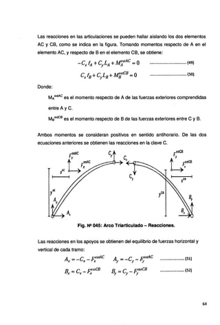 Las reacciones en las articulaciones se pueden hallar aislando los dos elementos
AC y CB, como se indica en la figura. Tomando momentos respecto de A en el
elemento AC, y respecto de Ben el elemento CB, se obtiene:
-Cx [A +CyLA + AlfA.:1.tAC =O ••••.••••••••••.•.,.............. {49)
e e L, MextCB O
xln+ y :o+ B = ................................ (50}
Donde:
MAextAc es el momento respecto de A de las fuerzas exteriores comprendidas
entre A y C.
M8extcs es el momento respecto de B de las fuerzas exteriores entre C y B.
Ambos momentos se consideran positivos en sentido antihorario. De las dos
ecuaciones anteriores· se obtienen las reacciones en la clave C.
(11 1
X
B,
Fig. NI! 045: Arco Triarticulado - Reacciones.
Las reacciones en los apoyos se obtienen del equilibrio de fuerzas horizontal y
vertical de cada tramo:
,tAC
Ax=-Cx-~
Bx =ex- F:tCB
A e r;et4C
J' ='- _r-1;. ..•...•••.....•.•...• (51)
••••••••••••••••••••• ,(52)
64
 