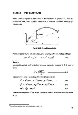 2.5.2.5.8.3 ARCO BIARTICULADO
Para Tomás Celigüeta79; este arco es hiperestático de grado h=1. Para s.u
análisis se elige como incógnita redundante la reacción horizontal en el apoyo
izquierdo Ax.
y
h
..
.
A .:..:•..:..:J.,!...·~ X
l
Fig. N2 046: Arco Biarticulado.
Por superposición, los valores del esfuerzo axial N y del momento flector M son:
N= lf +A.N1
.•t
••••••••.•.••••••••• (53}
Caso O.
La reacción vertical en A se obtiene tomando momentos respecto de B de todo el
arco:
11..ICtAB
o -1v1.n
Ay= L
.•••••..•...••••.....•..••.......•.•...•.. (54)
Los esfuerzos axial y cortante y el momento flector valen:
N° =A:sina - 17;xtAPcosa - .p;1
APsin a .•...•.•...••.....•••.. (55)
Qº =-A~ cosa-FyCAt..4
P sin a+ F'xe.vtAP cosa ...................... (56}
...................................... (57}
Donde el superíndice extAP se refiere a todas las fuerzas exteriores actuantes entre
Ay P.
79
Tomás Celigüeta, Juan, ·curso de Análisis Estructural~ pág. 212.
65
 