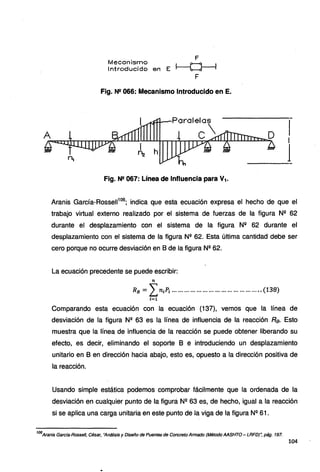 Mecanismo
Introducido en E
F
~
F
Fig. N2 066: Mecanismo Introducido en E.
Fig. N!! 067: Línea de Influencia para V1.
Aranis García-Rosset1106
; indica que esta ecuación expresa el hecho de que el
trabajo virtual externo realizado por el sistema de fuerzas de la figura N2
62
durante el desplazamiento con el sistema de la figura N2
62 durante el
desplazamiento con el sistema de la figura N2
62. Esta última cantidad debe ser
cero porque no ocurre desviación en B de la figura N2 62.
La ecuación precedente se puede escribir:
n
R8 = LniPi ............................................ (138)
i=l
Comparando esta ecuación con la ecuación (137), vemos que la línea de
desviación de la figura N2 63 es la línea de influencia de la reacción R8 . Esto
muestra que la línea de influencia de la reacción se puede obtener liberando su
efecto, es decir, eliminando el soporte 8 e introduciendo un desplazamiento
unitario en Ben dirección hacia abajo, esto es, opuesto a la dirección positiva de
la reacción.
Usando simple estática podemos comprobar fácilmente que la ordenada de la
desviación en cualquier punto de la figura N2 63 es, de hecho, igual a la reacción
si se aplica una carga unitaria en este punto de la viga de la figura N2
61.
106
Aranis Garcfa-Rossel/, César, "Análisis y Diseño de Puentes de Concreto Armado (Método AASHTO- LRFD)~ pág. 197.
104
 