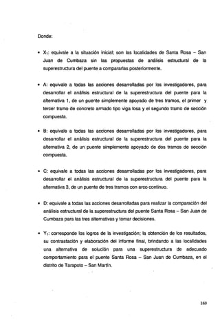 Donde:
• X1: equivale a la situación inicial; son las localidades de Santa Rosa - San
Juan de Cumbaza sin las propuestas de análisis estructural de la
superestructura del puente a compararlas posteriormente.
• A: equivale a todas las acciones desarrolladas por los investigadores, para
desarrollar el análisis estructural de la superestructura del puente para la
alternativa 1, de un puente simplemente apoyado de tres tramos, el primer y
tercer tramo de concreto armado tipo viga losa y el segundo tramo de sección
compuesta.
• B: equivale a todas las acciones desarrolladas por los investigadores, para
desarrollar el análisis estructural de la superestructura del puente para la
alternativa 2, de un puente simplemente apoyado de dos tramos de sección
compuesta.
• C: equivale a todas las acciones desarrolladas por los investigadores, para
desarrollar el análisis estructural de la superestructura del puente para la
alternativa 3, de un puente de tres tramos con arco continuo.
• D: equivale a todas las acciones desarrolladas para realizar la comparación del
análisis estructural de la superestructura del puente Santa Rosa - San Juan de
Cumbaza para las tres alternativas y tomar decisiones.
• Y1: corresponde los logros de la investigación; la obtención de los resultados,
su contrastación y elaboración del informe final, brindando a las localidades
una alternativa de solución para una superestructura de adecuado
comportamiento para el puente Santa Rosa - San Juan de Cumbaza, en el
distrito de Tarapoto - San Martín.
169
 