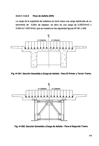 3.2.5.1.1.4.2.2 Peso de Asfalto (DW):
La carga de la superficie de rodadura se tomó como una carga distribuida de un
pavimento de 0.05m de espesor, es decir es una carga de 2.250Tnt/m3 x
0.05m=0.1125Tnf/m2, que se muestra en las siguientes figuras N2 091 y 092.
1 ... -
1
i
0.1125tnf/ml ¡ 0.1125tnf/ml
i
i
i
·"'  1 ,, , r ,, • r '' ,, Í 1r ,, r ,, , , ,, ,, .~/. ·"d__
·.,_·.:.....·
d _ _.__..<i-~-1
. L. ·• _.. ~ . · · ·., · •..-: ·4~ ~-- • • • ~·- ••••~ __;, : : • ._' 1
-~ :. -~-./ i " . ·./
"'. . i .¡" :·
. ~ i . d" 1
.• ... • j ~ A
·a Í ~- ~
. ~· ..; .. i .. ·.
i
i ...~. .:.
·""'..i. • •' 1------+-------1
1
1
Fig. Nº 091 : Sección Sometida a Carga de Asfalto - Para El Primer y Tercer Tramo.
0.1125tnf/ml 0.1125tnf/ml
Fig. Nº 092: Sección Sometida a Carga de Asfalto - Para el Segundo Tramo.
178
 