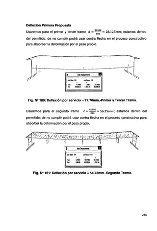 Deflexión Primera Propuesta
22500
Usaremos para el primer y tercer tramo d =-- =28.125mm; estamos dentro
800
del permitido; de no cumplir podrá usar contra flecha en el proceso constructivo
para absorber la deformación por el peso propio.
1kf!Oliecl149-
' 1
1,,.,,, 4.11980
1 Roln 9.9SlE-IM
kf!Elemeri 149
2
1.79913
1.821E-IM
3
·27.lm'
8.U~'
Fig. N2180: Deflexión por servicio= 27.70mm.-Primer y Tercer Tramo.
Usaremos para el segundo tramo d =~ =56.25mm; estamos dentro del
800
permitido; de no cumplir podrá usar contra flecha en el proceso constructivo para
absorber la deformación por el peso propio.
- -~ -~
-~ :-~-~ - ·- -~·- - ._.-~... -.... ~,,..._ .......
.-~l~co·-»v:t rr-"'tªlf''irn"'f"l~~--~'l'·~~:Y~{F:]~
f{ÍÍ l $ Joilt~ lt¡¿
1
4.21016
0.00468
JcnEl!men m 1
1:.77565 ~73464 !
4.281:-04 1.574Hl4 i
Fig. N2181: Deflexión por servicio= 54.73mm.-Segundo Tramo.
236
 
