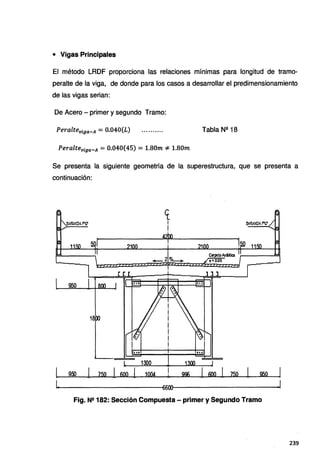 • Vigas Principales
El método LRDF proporciona las relaciones mínimas para longitud de tramo-
peralte de la viga, de donde para los casos a desarrollar el predimensionamiento
de las vigas serian:
De Acero - primer y segundo Tramo:
Peralteviga-A = 0.040{L) Tabla Nº 18
Peralteviga-A =0.040{45) =1.80m *1.80m
Se presenta la siguiente geometría de la superestructura, que se presenta a
continuación:
t1
!
42~
950
18
950 750 1 600 1 1004 900 600 1 750 950 1
Fig. Ne 182: Sección Compuesta - primer y Segundo Tramo
239
 