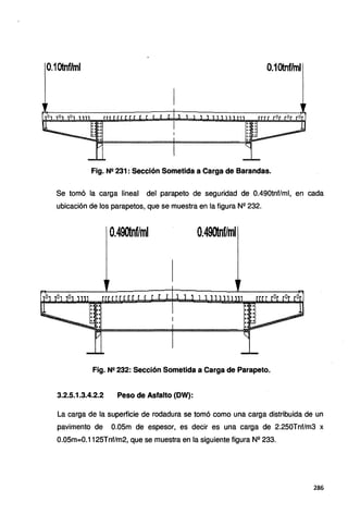 0.10tnf/ml 0.10tnf/ml
Fig. N!! 231 : Sección Sometida a Carga de Barandas.
Se tomó la carga lineal del parapeto de seguridad de 0.490tnf/ml, en cada
ubicación de los parapetos, que se muestra en la figura N2 232.
O.490tnf/mi 0.490tnf/ml
Fig. N2 232: Sección Sometida a Carga de Parapeto.
3.2.5.1.3.4.2.2 Peso de Asfalto (DW):
La carga de la superficie de rodadura se tomó como una carga distribuida de un
pavimento de O.OSm de espesor, es decir es una carga de 2.250Tnf/m3 x
0.05m=0.1125Tnf/m2, que se muestra en la siguiente figura N2 233.
286
 