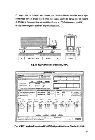 El efecto de un camión de diseño con espaciamiento variable entre ejes,
combinado con el efecto de la línea de carga (carril de carga) de 0.64kips/ft.
(9.30KN/m). Esta combinación está identificada en CSIBridge como HL-93K;
la carga entre ejes es también amplificada al 33%.
SP=I SP=I 2P=I
145kNf 145kNf 35kNf
111111111111111111111111111111111:~;~:~~~~·11111rn11111111111111111111111111111111111
L~-1- var 4.30 a 9.00 m .1. 4.30 m -1-~J
Fig. N2 100: Camión de Diseño HL-93K.
Load Mm..nn Maximuin Urifomi
leriglh T¡ope Oistance Omance Load
1~~ 3~· ti¡;
General Vehicte Data
UrifOlln
W-~Twe
.·~'' 1~.rl 1 'M~!9 .I '' O<últ~ 1
r l/df~'.~~e¡ To-Sid:fa ¡b.ó;a~f~M!• On~ Sttadcle Reduciion Facioi
r v&-o1~fl=~itru)1~~11i1t.:;~t~iF":imio:~)!íonJ
A>ile Alde
W-~ T¡ope W-~
3r
Fig. N2 237: Modelo Estructural En CSIBridge - Camión de Diseño HL-93K.
291
 