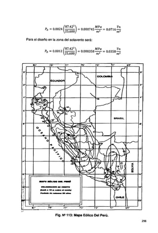 (
87.422
) MPa Tn
Pv = 0.0024
251600
= 0.000745 m 2 = 0.0716 m 2
Para el diseño en la zona del sotavento será:
(
87.422
) MPa Tn
Pv = 0.0012
251600
= 0.000358 m2 = 0.0358 m2
•••
6º ...
BRASIL
e· a·
o
o
~
10' 10·
-
)
..............._____
,._... -- ....... --*"
i
~
.
.
•
_,
' 81º
~
.,,. 75• 71" 69"
:_,
Fig. N2 113: Mapa Eólico Del Perú.
298
 