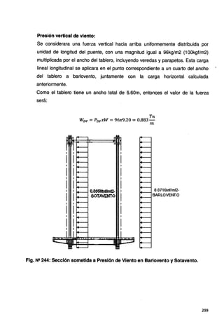 Presión vertical de viento:
Se considerara una fuerza vertical hacia arriba uniformemente distribuida por
unidad de longitud del puente, con una magnitud igual a 96kg/m2 (100kgf/m2)
multiplicada por el ancho del tablero, incluyendo veredas y parapetos. Esta carga
lineal longitudinal se aplicara en el punto correspondiente a un cuarto del ancho
del tablero a barlovento, juntamente con la carga horizontal calculada
anteriormente.
Como el tablero tiene un ancho total de 6.60m, entonces el valor de la fuerza
será:
1 1
1 1
1 1
1 1
1 1
1 1
1 1
1 1
1 1
1 1
1 1
1 1
Tn
Wvv =PvvxW =96x9.20 =0.883-
m
·-
0.0358tnf/ni2- 0.0716tnf/ml2-
SOTAVENTO '~
BARLOVENTO
1-
,_
~
1-
1-
,_
Fig. N2 244: Sección sometida a Presión de Viento en Barlovento y Sotavento.
299
 
